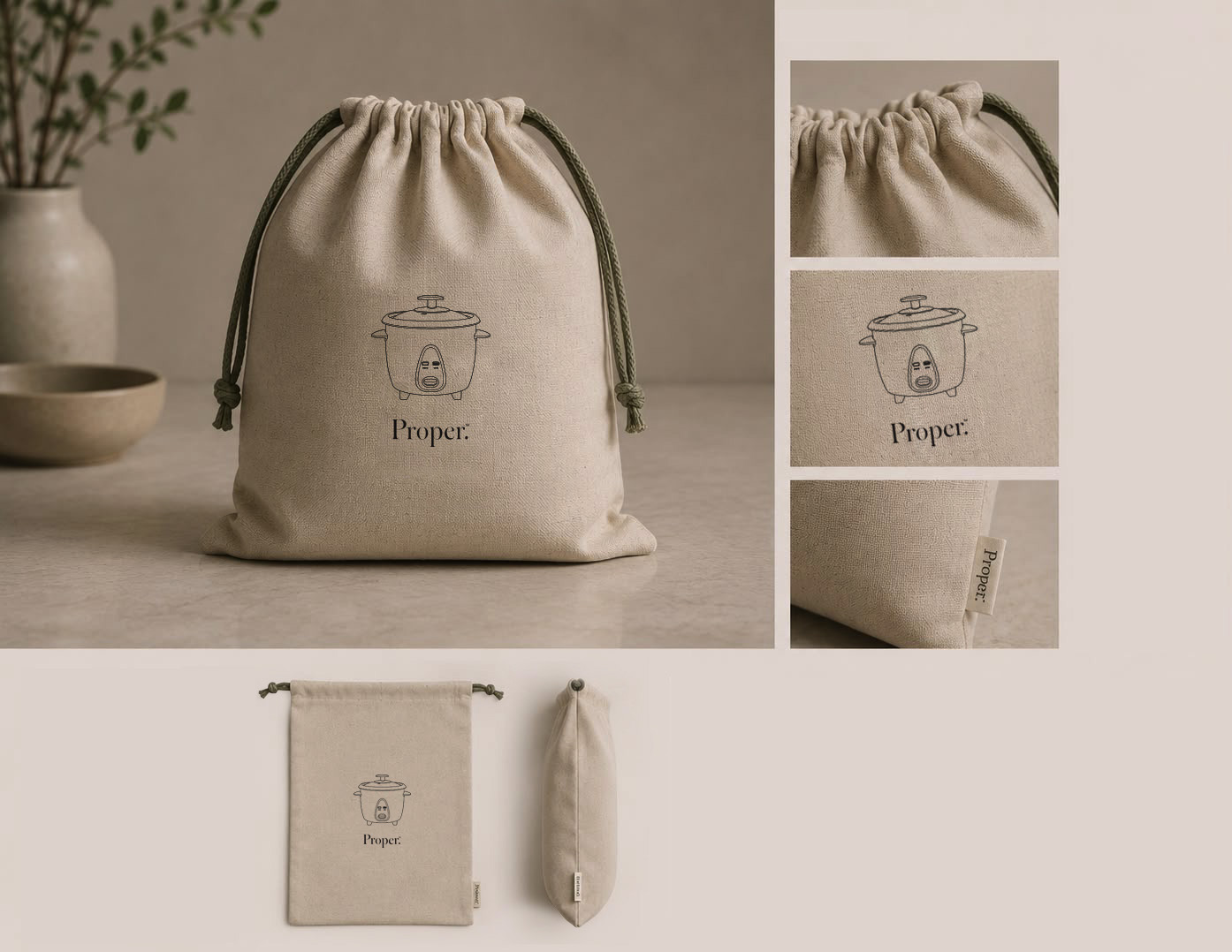 Reusable Proper storage satchel with product illustration, drawstring closure, and branded detail